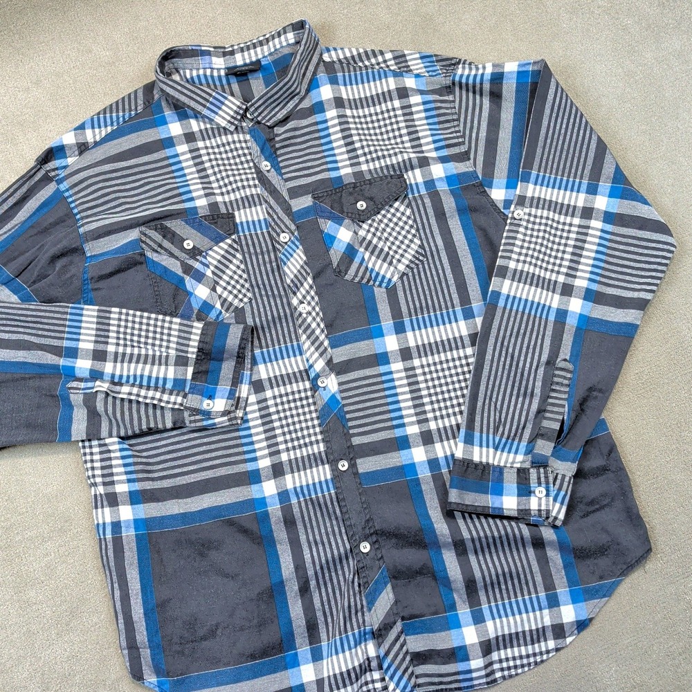Diamond Stash Mens 5XL Blue Plaid Button Down Shirt Y2K Roll Tab Sleeve Long Slv